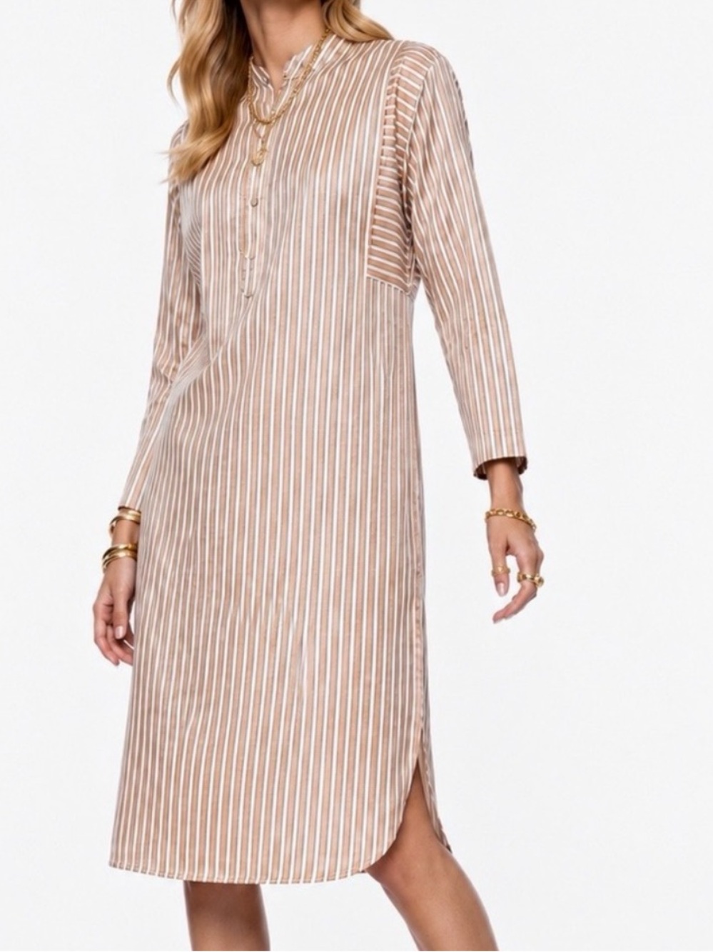 ORIENT 499 Collarless Long Sleeve Silk Striped Tan & Beige Midi Shirt Dress